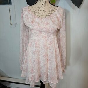 Thirty Thirty Pink Floral Long Sleeve Mini Dress Sweetheart Tie Back Size L